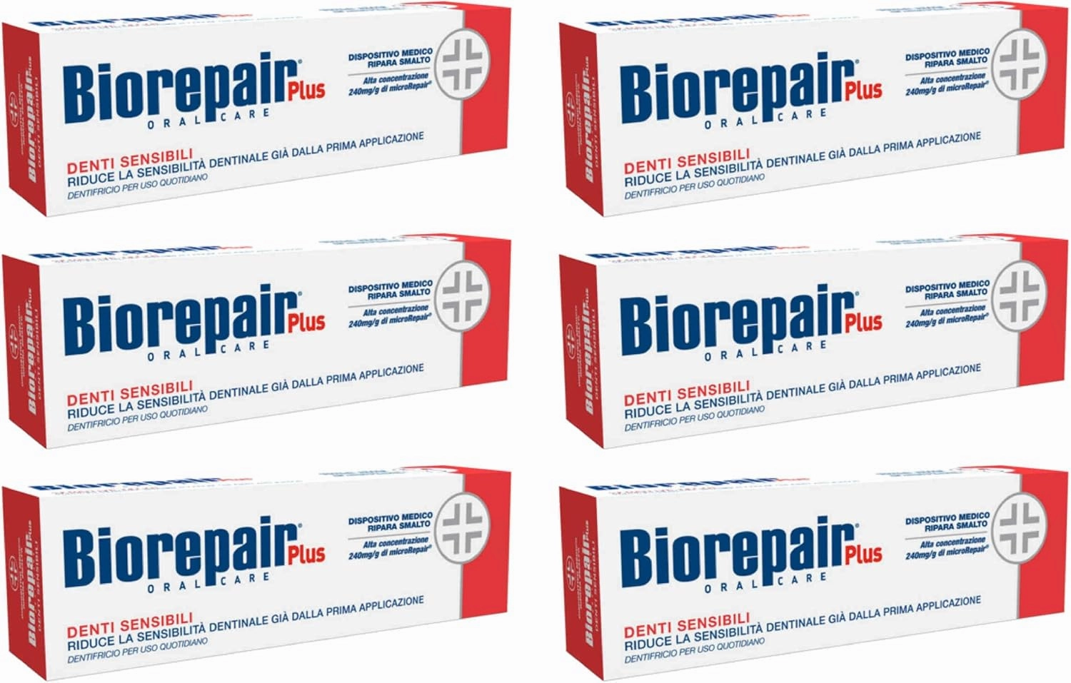 Biorepair Sensitive Teeth Daily Toothpaste - 2.54 Fluid Ounces (75ml) Tubes (Pack of 6) [ Italian Import ]