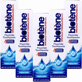 Biotene Fluoride Toothpaste for Dry Mouth Symptoms, Bad Breath Treatment and Cavity Prevention, Fresh Mint - 4.3 oz (Pack of 5)