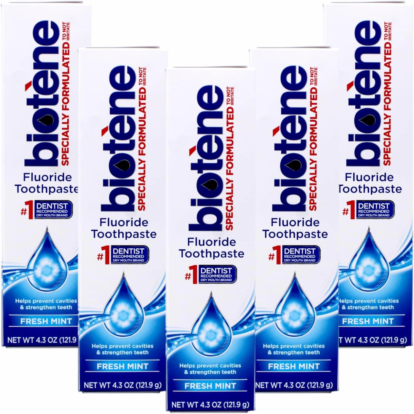 Biotene Fluoride Toothpaste for Dry Mouth Symptoms, Bad Breath Treatment and Cavity Prevention, Fresh Mint - 4.3 oz (Pack of 5)