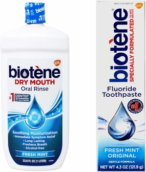 Biotene Fresh Mint Mouthwash & Toothpaste Kit: Includes Dry Mouth Oral Rinse Mouthwash 33.8 oz & Fluoride Toothpaste 4.3 oz