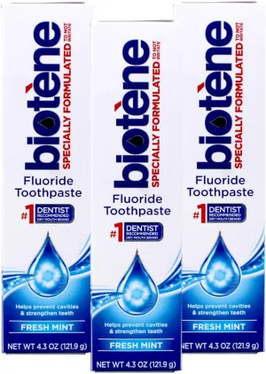 biotène Gentle Formula Fluoride Toothpaste, Fresh Mint 4.3 oz ( Pack of 3), (PPAX1366750)