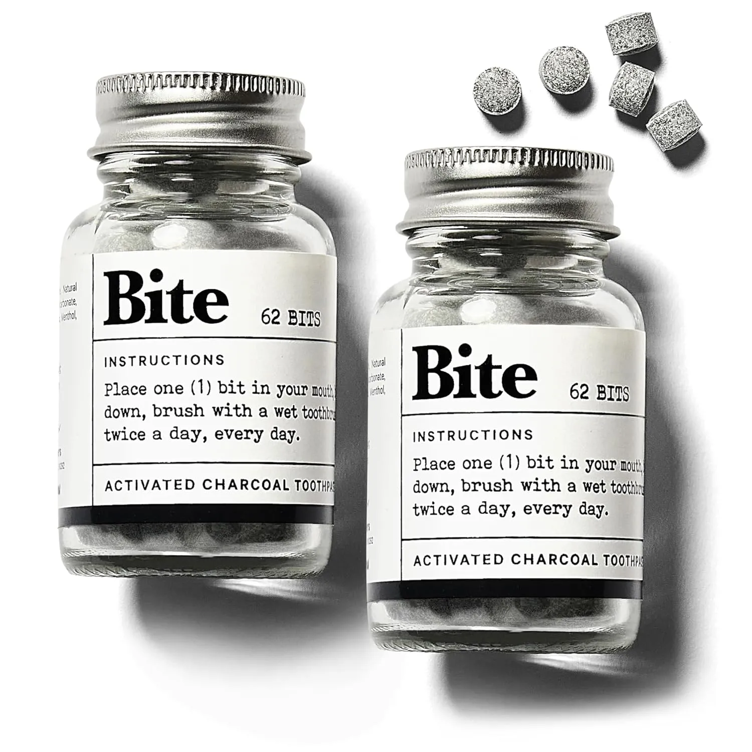 Bite Whitening Toothpaste Tablets – Nano Hydroxyapatite & Xylitol (Mint Charcoal) | Sensitive Teeth Friendly | No Fluoride, Vegan, Cruelty-Free | Travel-Size | 2 Bottles (124 Bits) | Made in USA