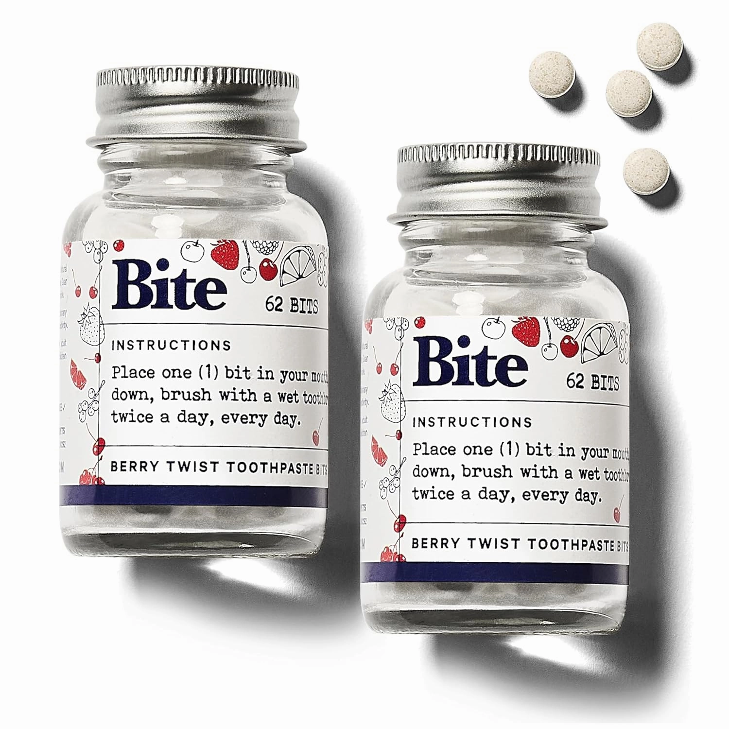 Bite Whitening Toothpaste Tablets – Nano Hydroxyapatite & Xylitol (Berry Twist) | Sensitive Teeth & Kid-Friendly | No Fluoride, Vegan, Cruelty-Free | Travel-Size | 2 Bottles (124 Bits) | Made in USA