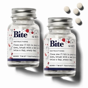 Bite Whitening Toothpaste Tablets – Nano Hydroxyapatite & Xylitol (Berry Twist) | Sensitive Teeth & Kid-Friendly | No Fluoride, Vegan, Cruelty-Free | Travel-Size | 2 Bottles (124 Bits) | Made in USA