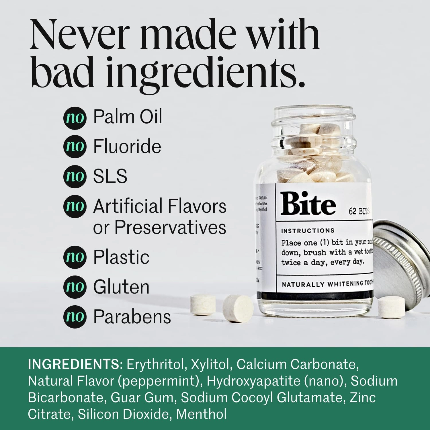 Bite Whitening Toothpaste Tablets – Nano Hydroxyapatite & Xylitol (Mint) | Sensitive Teeth Friendly | No Fluoride, Vegan, Cruelty-Free | Travel-Size | 2 Bottles (124 Bits) | Made in USA