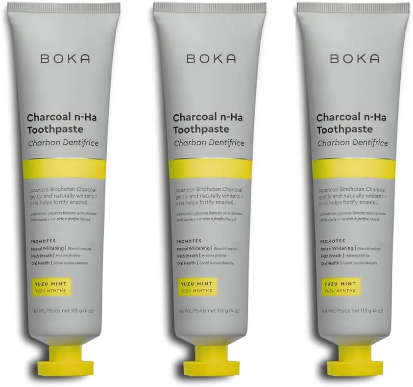 Boka Charcoal Fluoride Free Toothpaste Nano Hydroxyapatite, Helps Remineralize, Appropriate for Sensitive Teeth, Whitening - for Adult, Kids Oral Care - Yuzu Mint Flavor, 4 Fl Oz 3Pk