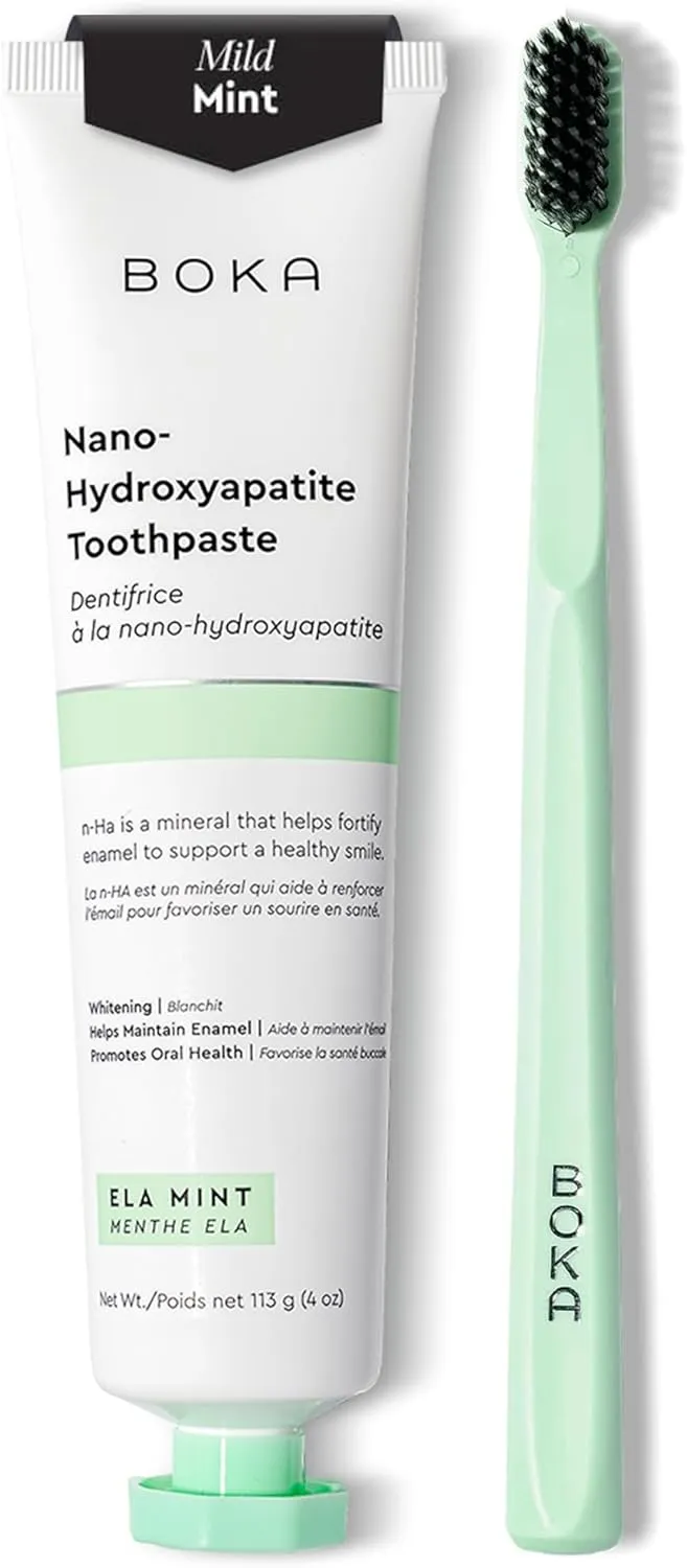 Boka Fluoride Free Toothpaste - Nano Hydroxyapatite - Ela Mint 4oz and Classic Manual Toothbrush, Mint