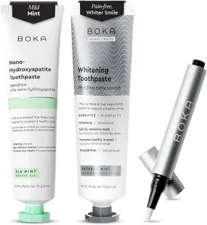 Boka Fluoride Free Toothpaste - Nano Hydroxyapatite Ela Mint 4oz and Refresh Mint 4oz, Whitening Express Glow Teeth Whitening Pen