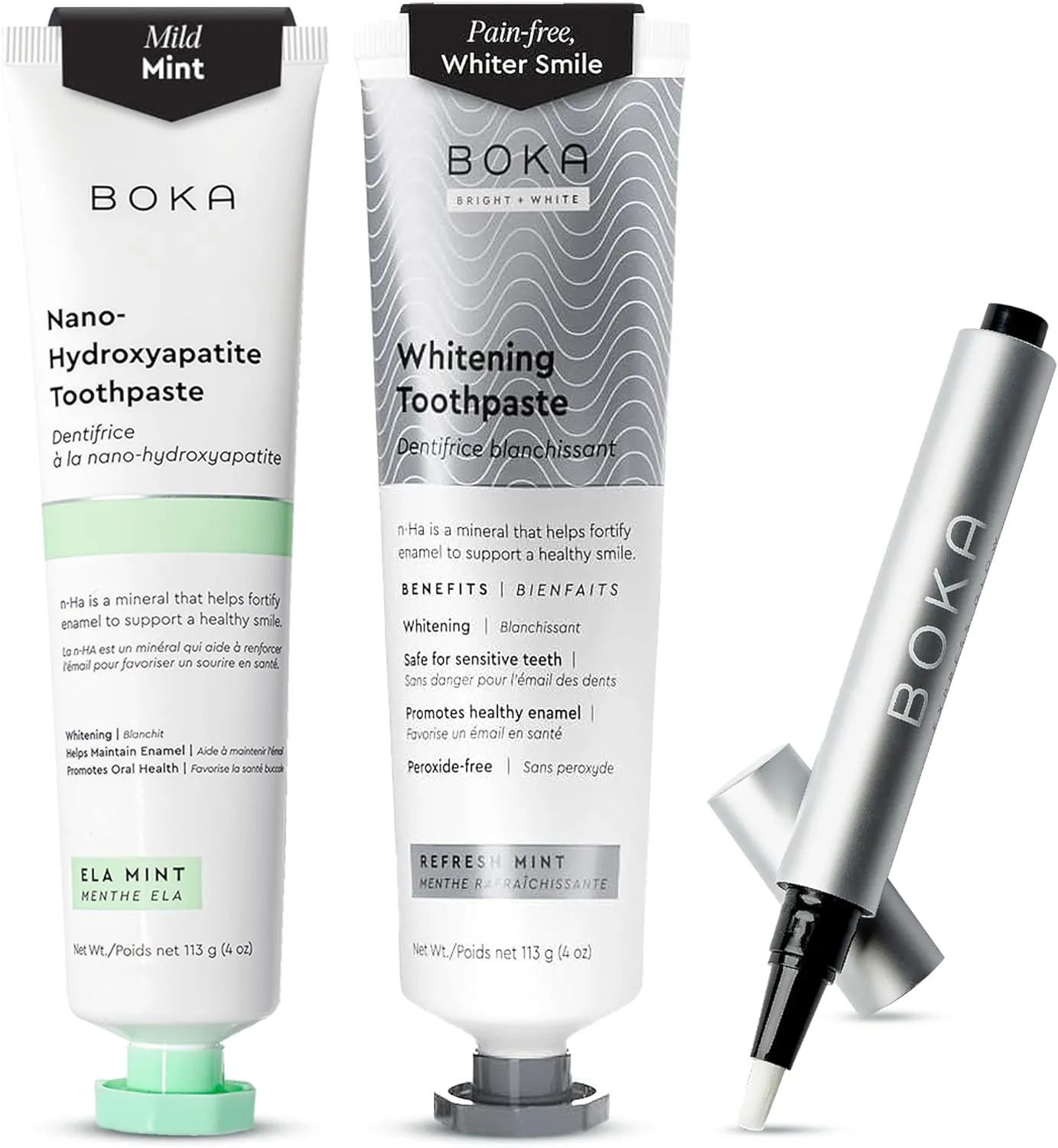 Boka Fluoride Free Toothpaste - Nano Hydroxyapatite Ela Mint 4oz and Refresh Mint 4oz, Whitening Express Glow Teeth Whitening Pen