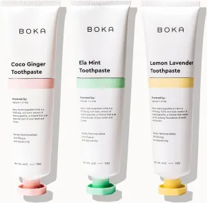 Boka Fluoride Free Toothpaste Nano Hydroxyapatite, Helps Remineralize, Appropriate for Sensitive Teeth, Whitening - for Adult, Kids Oral Care - Ela Mint, Coco Ginger, Lemon Lavender Flavor, 3 Pieces
