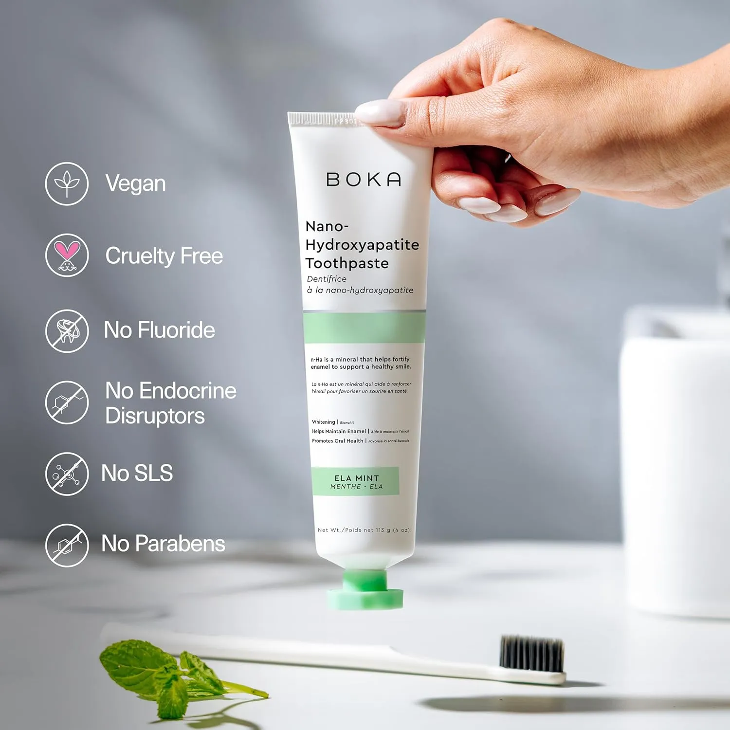 Boka Fluoride Free Toothpaste Nano Hydroxyapatite, Helps Remineralize, Appropriate for Sensitive Teeth, Whitening - for Adult, Kids Oral Care - Ela Mint Flavor, 4 Fl Oz 1Pk US Manufactured