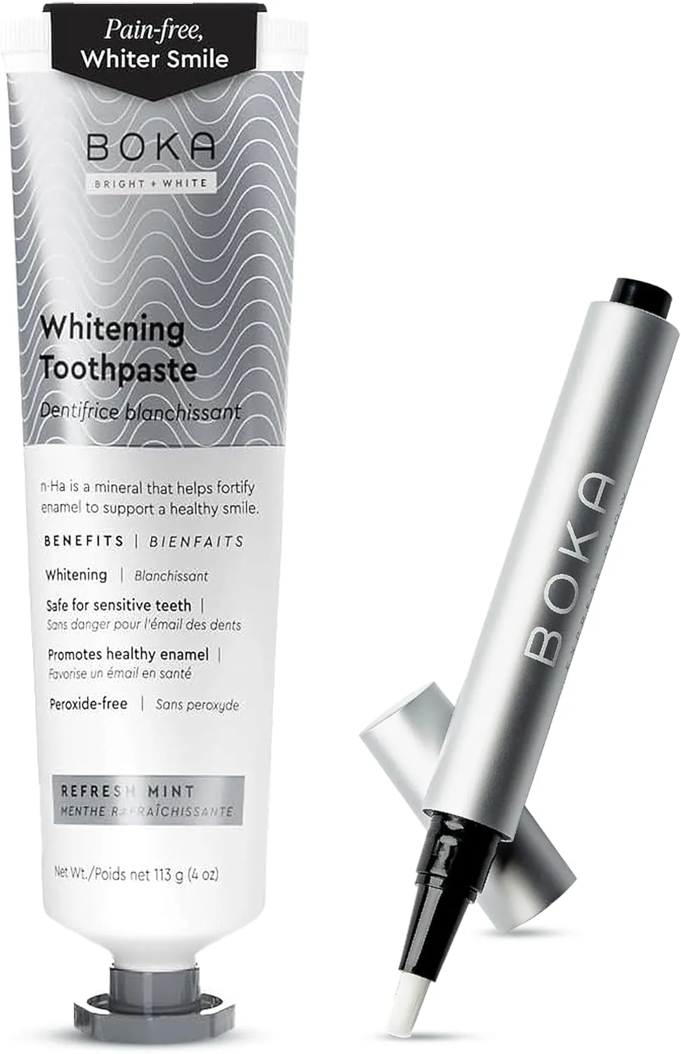 Boka Fluoride Free Toothpaste - Nano Hydroxyapatite, Refresh Mint 4oz and Express Glow Teeth Whitening Pen
