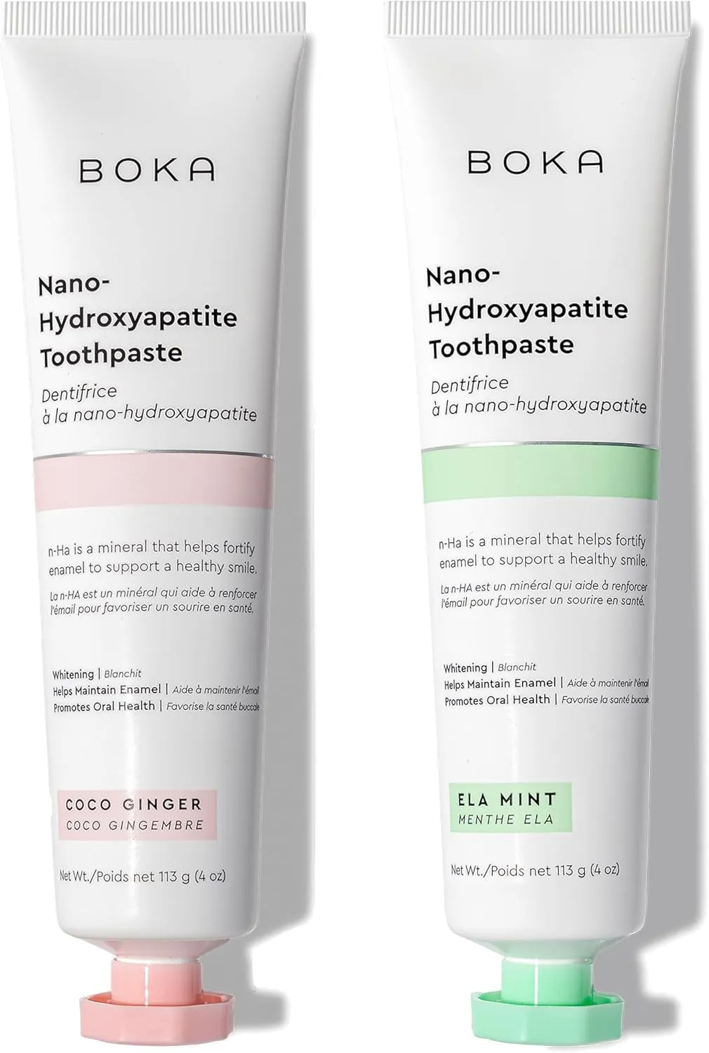 Boka Fluoride Free Toothpaste - Nano Hydroxyapatite, Remineralizing, Sensitive Teeth, Whitening - Dentist Recommended for Adult, Kids - Ela Mint and Coco Ginger Natural Flavor - 4oz (Pack of 2)