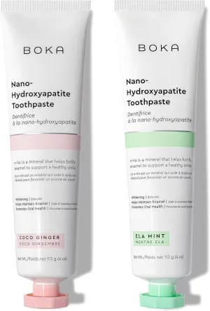 Boka Fluoride Free Toothpaste - Nano Hydroxyapatite, Remineralizing, Sensitive Teeth, Whitening - Dentist Recommended for Adult, Kids - Ela Mint and Coco Ginger Natural Flavor - 4oz (Pack of 2)