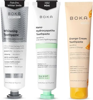 Boka Fluoride Free Toothpaste - Nano Hydroxyapatite, Remineralizing, Sensitive Teeth, Whitening - Dentist Recommended for Adult, Kids - Ela Mint, Coco Ginger and Orange Cream Orange Cream - 4oz