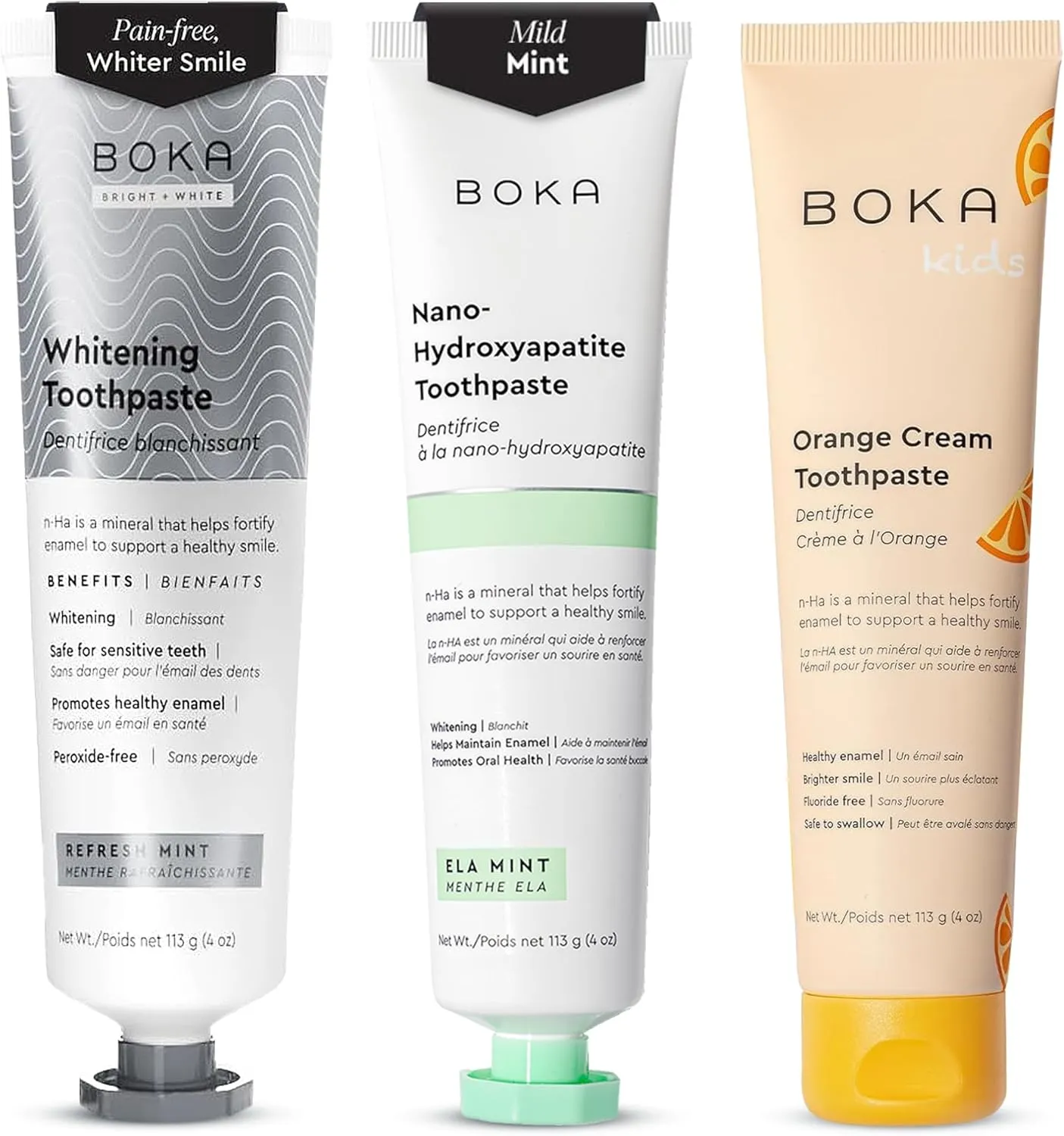 Boka Fluoride Free Toothpaste - Nano Hydroxyapatite, Remineralizing, Sensitive Teeth, Whitening - Dentist Recommended for Adult, Kids - Ela Mint, Coco Ginger and Orange Cream Orange Cream - 4oz