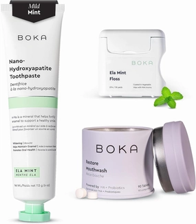 Boka Ela Mint Pack - Fluoride Free Toothpaste with Nano Hydroxyapatite, Ela Mint 4oz, Woven Dental Floss and Mouthwash Tablets - Hydroxyapatite, Fluoride/Alcohol Free & Eco-Friendly