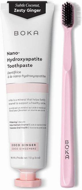 Boka Fluoride Free Toothpaste - Nano Hydroxyapatite - Coco Ginger 4oz and Classic Manual Toothbrush with Extra Soft Activated-Charcoal, Pink