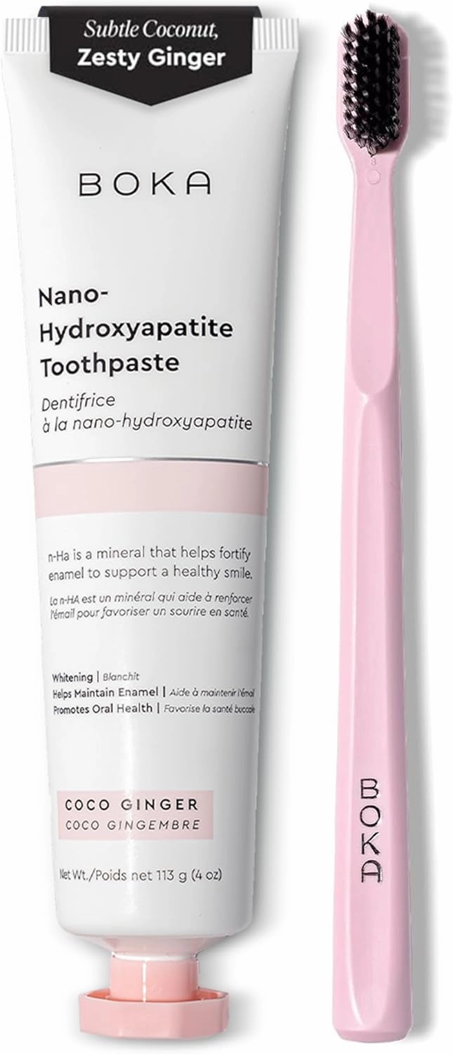 Boka Fluoride Free Toothpaste - Nano Hydroxyapatite - Coco Ginger 4oz and Classic Manual Toothbrush with Extra Soft Activated-Charcoal, Pink