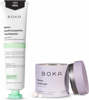 Boka Fluoride Free Toothpaste - Nano Hydroxyapatite - Ela Mint 4oz and Travel Size Mouthwash Tablets - Hydroxyapatite, Fluoride/Alcohol Free & Eco-Friendly