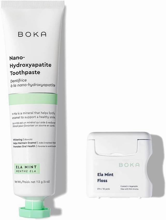 Boka Toothpaste   Floss Bundle, Ela Mint Nano-Hydroxyapatite, Fluoride-Free Remineralizing Toothpaste, 4oz 1Pk   Teflon-Free, Petroleum-Free Woven Dental Floss w/Natural Vegetable Wax, 30 Yards 1Pk