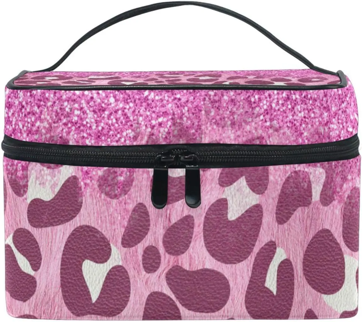 Bright Pink Leopard Prints Cosmetic Bags Large Makeup Organizer Travel Toiletry Case for Women
