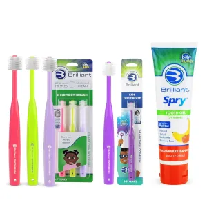 Brilliant Oral Care Bundle; 3 Pack of Child Toothbrush - Pink Lime Lilac, 1 Pack of Kids Toothbrush - Purple with Soft Bristles Round Head & Kids Fluoride Free Toothpaste, Spry Gel with Xylitol