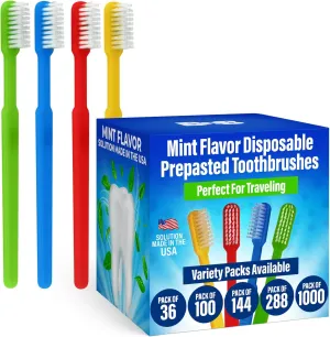 Bulk 288 Disposable Toothbrushes With Toothpaste (288 Pack) Prepasted Mint Flavor Individually Wrapped - No Water Needed, Paste Made In USA Great For Airbnb, Hotel, Camping, Travel, Donation