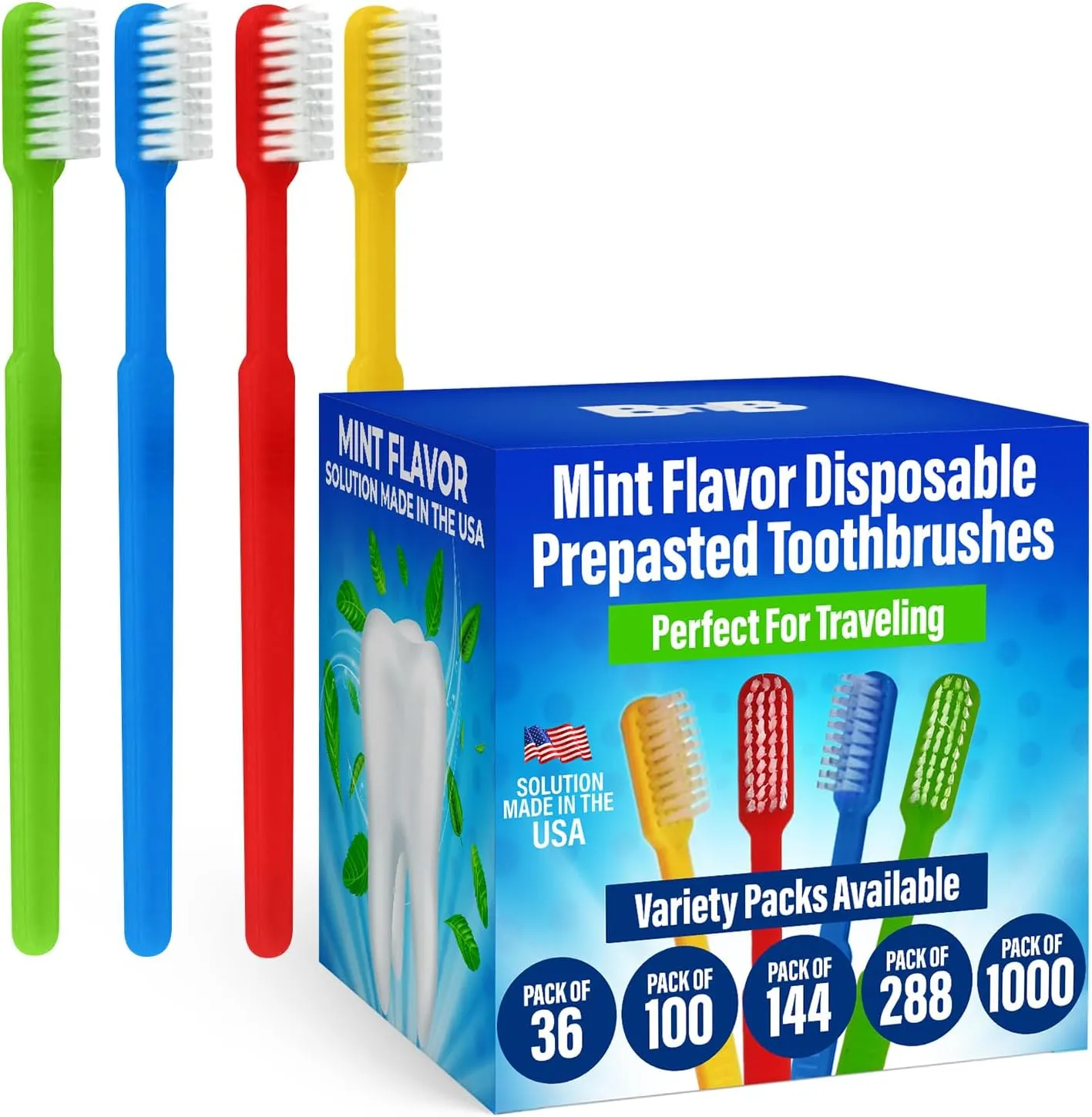 Bulk 288 Disposable Toothbrushes With Toothpaste (288 Pack) Prepasted Mint Flavor Individually Wrapped - No Water Needed, Paste Made In USA Great For Airbnb, Hotel, Camping, Travel, Donation