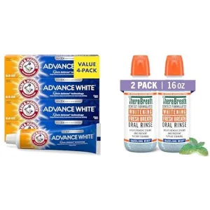 Bundle of Arm & Hammer Advance White Toothpaste, (Pack of 4)   TheraBreath Whitening Mouthwash, Dazzling Mint, Dentist Formulated, 16 Fl Oz (2-Pack)
