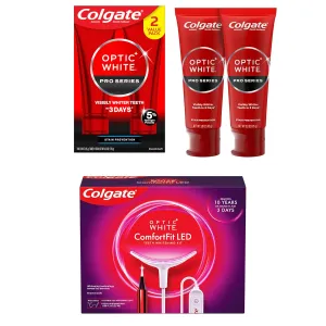 Bundle of Colgate Optic White ComfortFit Teeth Whitening Kit with LED Light and Whitening Pen  Colgate Optic White Whitening Toothpaste with 5% Hydrogen Peroxide, Stain Prevention, 3 oz Tube, 2 Pack