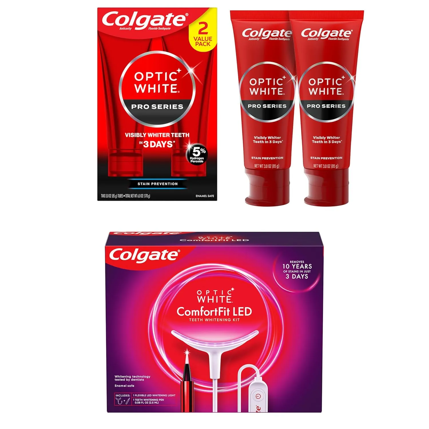 Bundle of Colgate Optic White ComfortFit Teeth Whitening Kit with LED Light and Whitening Pen  Colgate Optic White Whitening Toothpaste with 5% Hydrogen Peroxide, Stain Prevention, 3 oz Tube, 2 Pack
