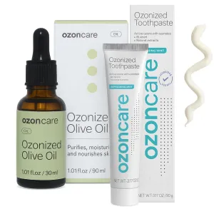Bundle - Ozonated Olive Oil (30ml)   Ozone Toothpaste (90g) - Natural Skin & Oral Care Set - Vegan, Paraben & Fluoride Free, For Sensitive Skin & Teeth, Hydrating & Antiplaque Formula