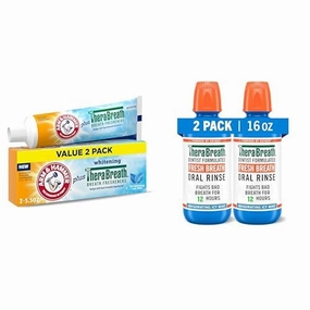 Bundle of ARM & HAMMER Toothpaste Plus TheraBreath Toothpaste for Bad Breath, 5.5 Oz (Pack of 2)   TheraBreath Fresh Breath Mouthwash, ICY Mint Flavor, Alcohol-Free, 16 Fl Oz (Pack of 2)