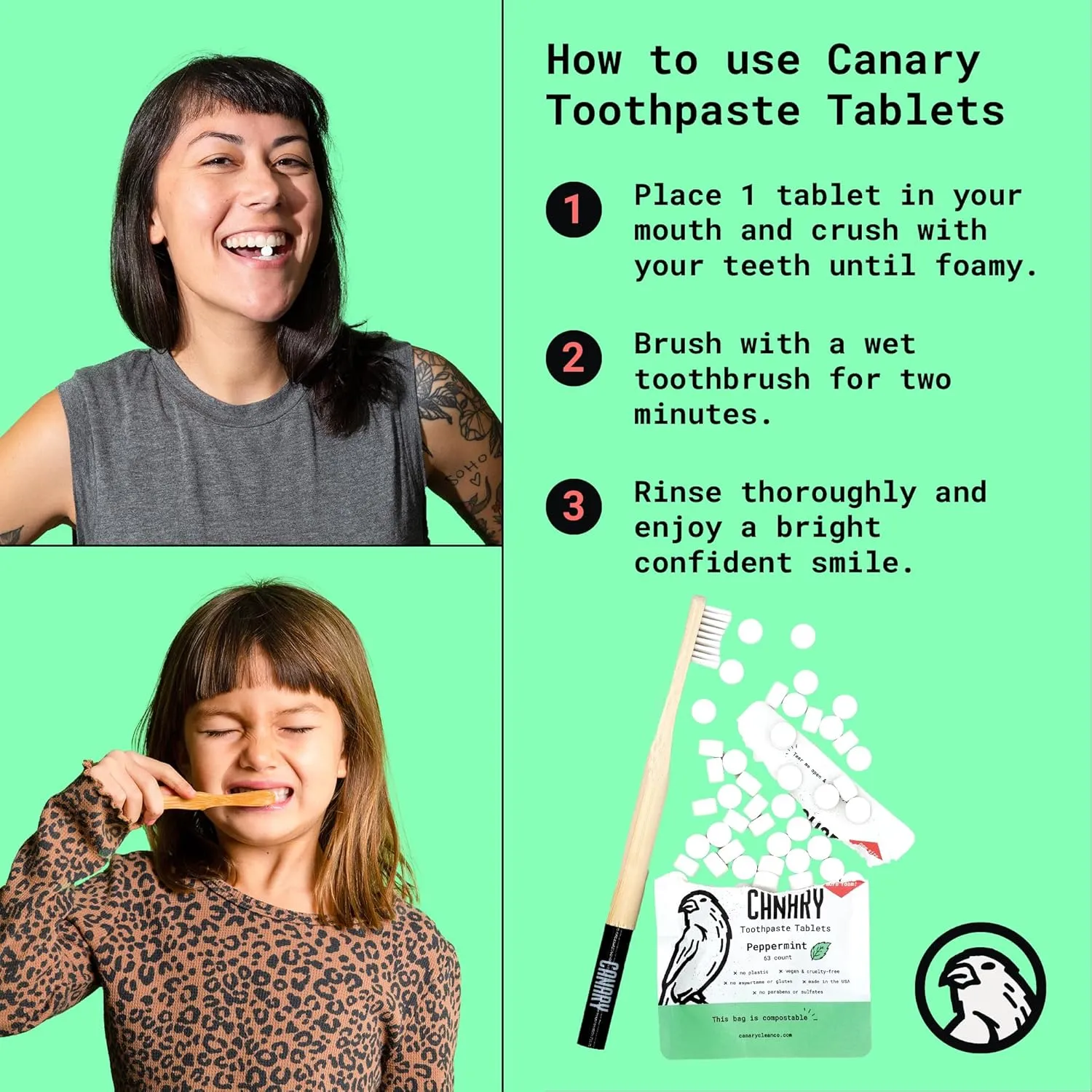 Canary Nano Hydroxyapatite Toothpaste Tablets Watermelon- Remineralizing, Fluoride Free, All Natural Tabs with Xylitol - Great for Kids, Plastic Free - 189 Count