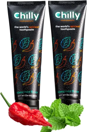Chilly Toothpaste, Spicy Whitening Toothpaste, Intense Natural Spearmint Flavor   Ghost Pepper Flakes, SLS Free (Pack of 2)