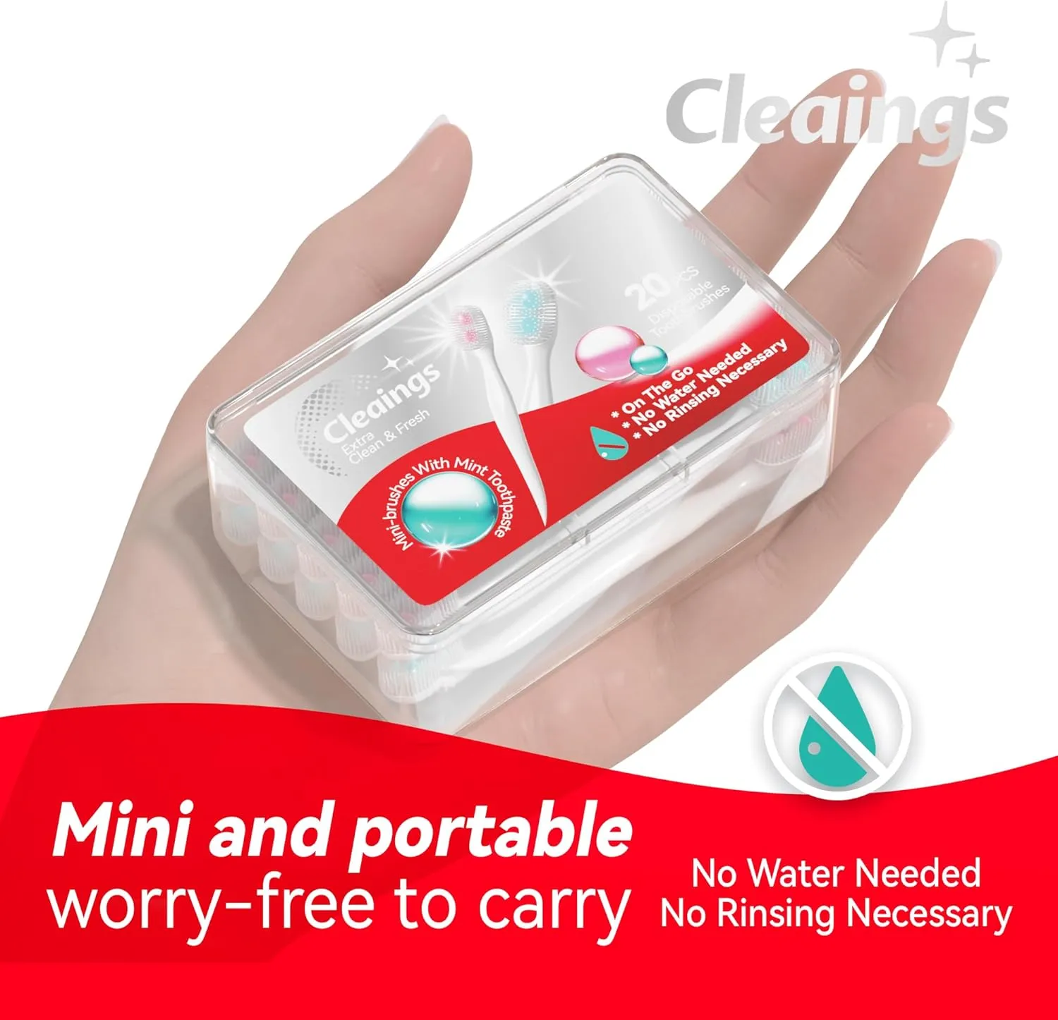 cleaings® Disposable Mini Toothbrushes with 2 Toothpaste Beads, Toothpick & Tongue Cleaner – Travel Essentials, On-The-Go Oral Care, 20 Count-Mint Flavor（Pack of 5）