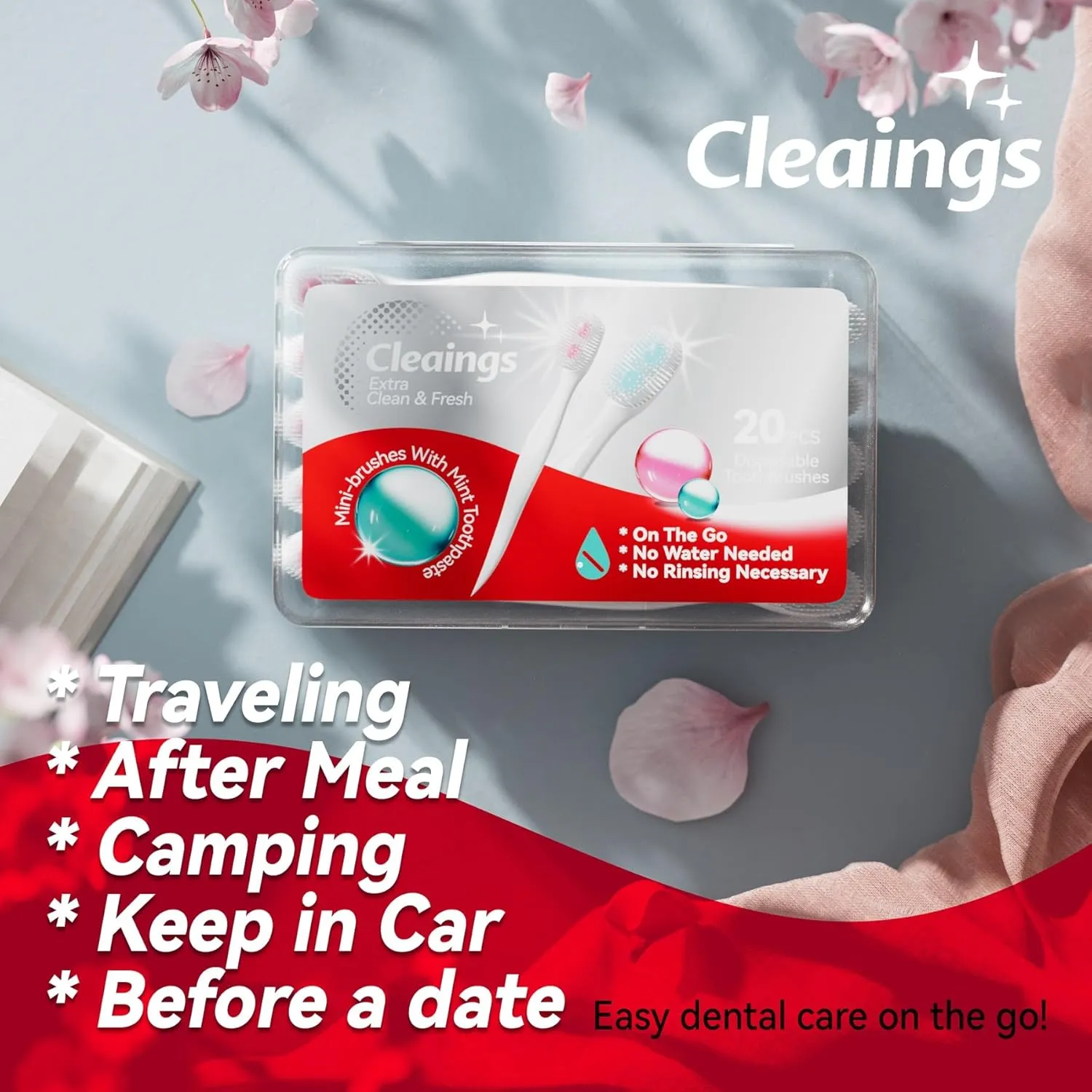 cleaings® Disposable Mini Toothbrushes with 2 Toothpaste Beads, Toothpick & Tongue Cleaner – Travel Essentials, On-The-Go Oral Care, 20 Count-Mint Flavor（Pack of 5）