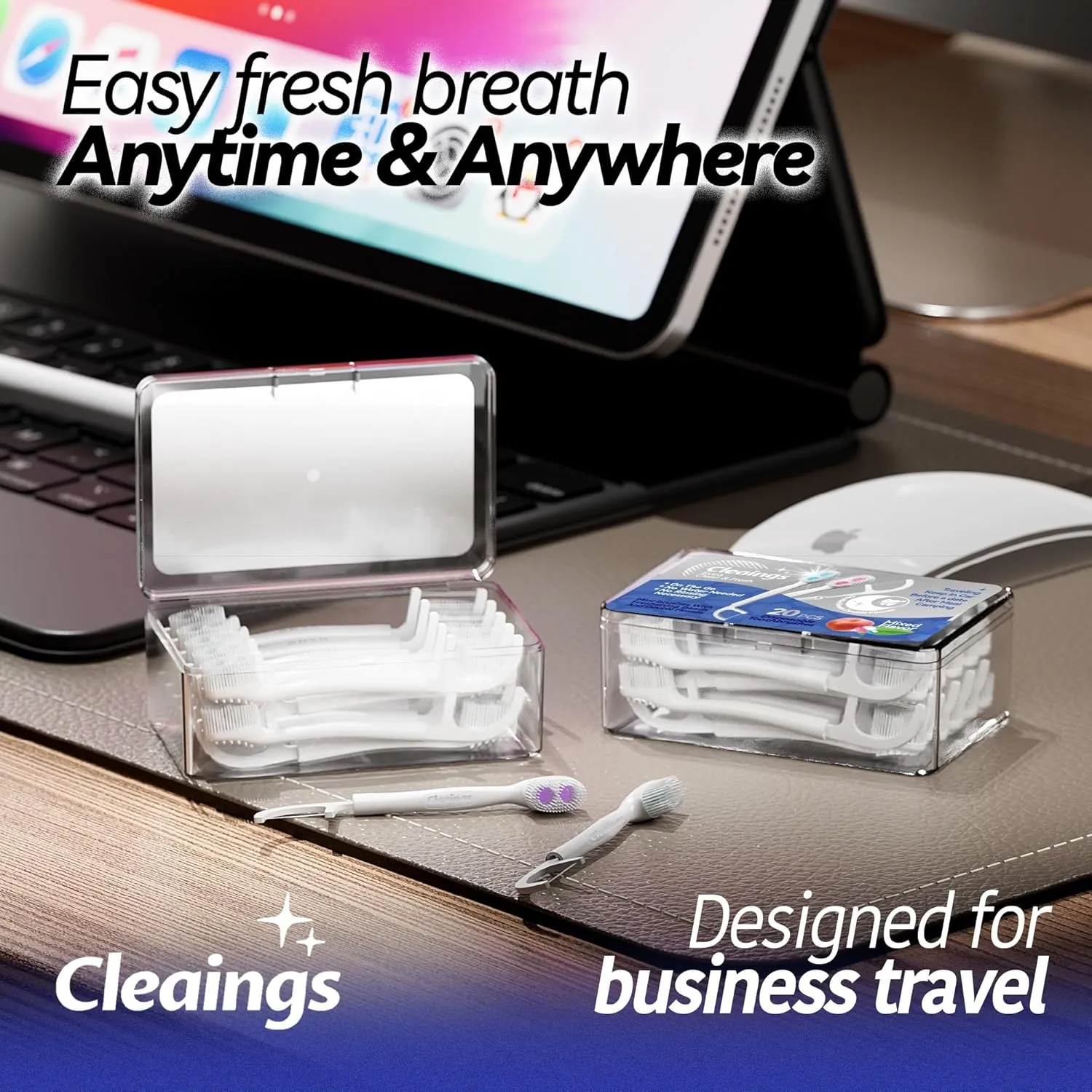 cleaings® Disposable Toothbrushes with Double Cleaning Beads Toothpaste and Clean Floss Picks for Work or Travel - 20 pcs-Mint Flavor（Pack of 5）