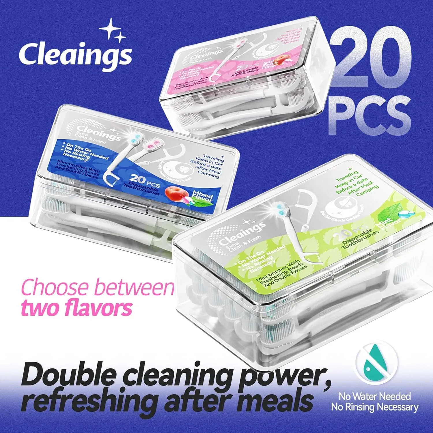 cleaings® Disposable Toothbrushes with Double Cleaning Beads Toothpaste and Clean Floss Picks for Work or Travel - 20 pcs-Mint Flavor（Pack of 5）