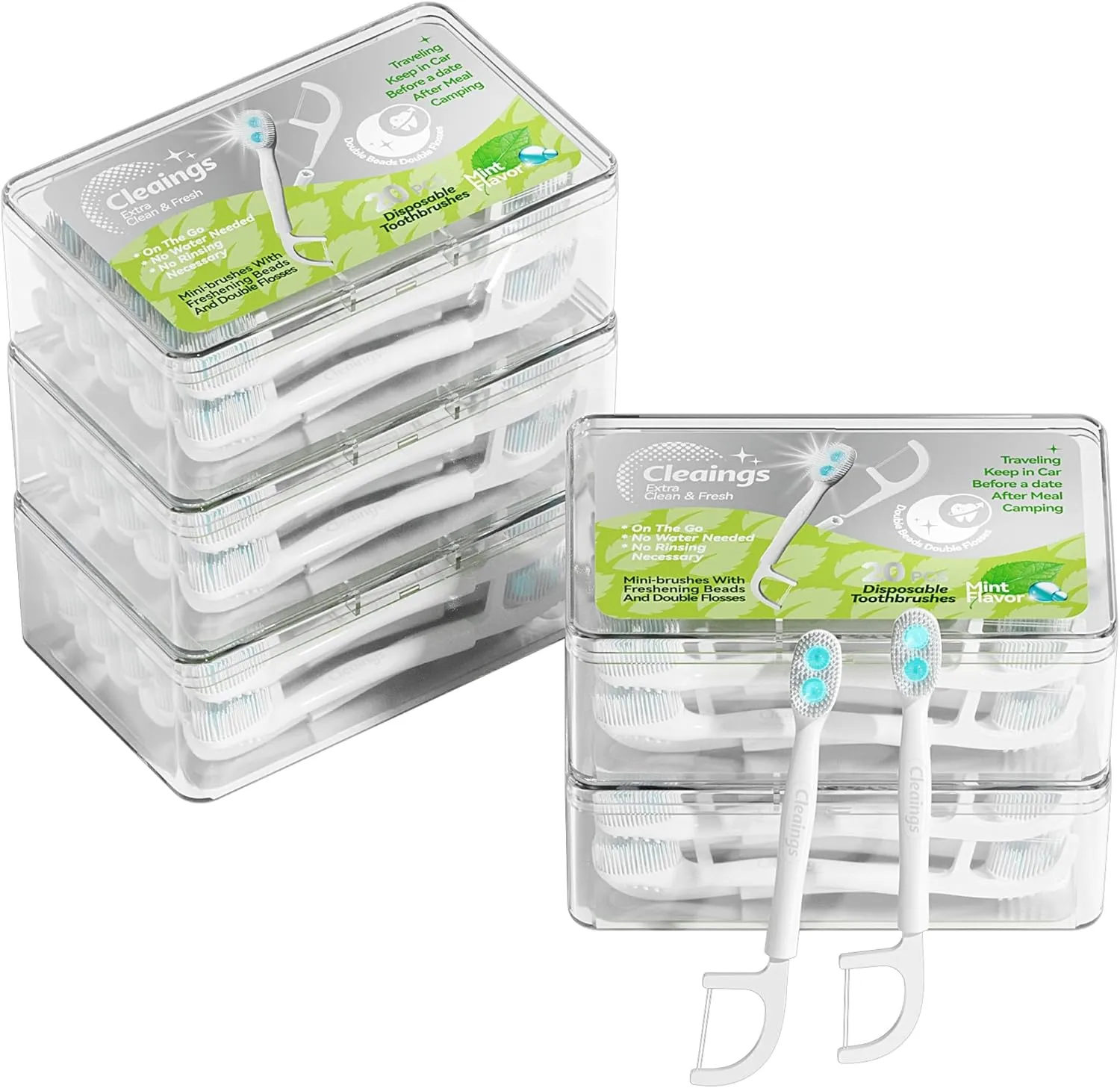 cleaings® Disposable Toothbrushes with Double Cleaning Beads Toothpaste and Clean Floss Picks for Work or Travel - 20 pcs-Mint Flavor（Pack of 5）