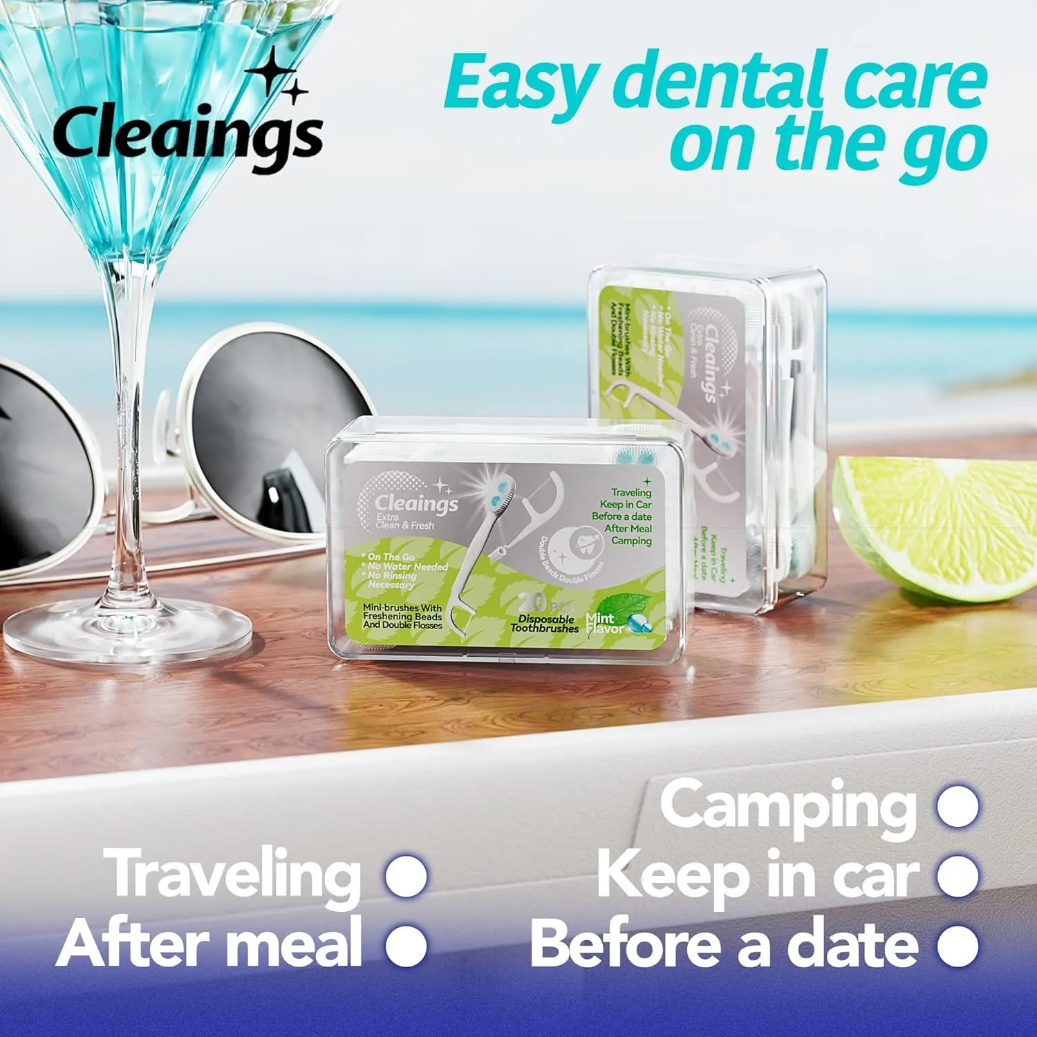 cleaings® Disposable Toothbrushes with Double Cleaning Beads Toothpaste and Clean Floss Picks for Work or Travel - 20 pcs-Mint Flavor（Pack of 5）
