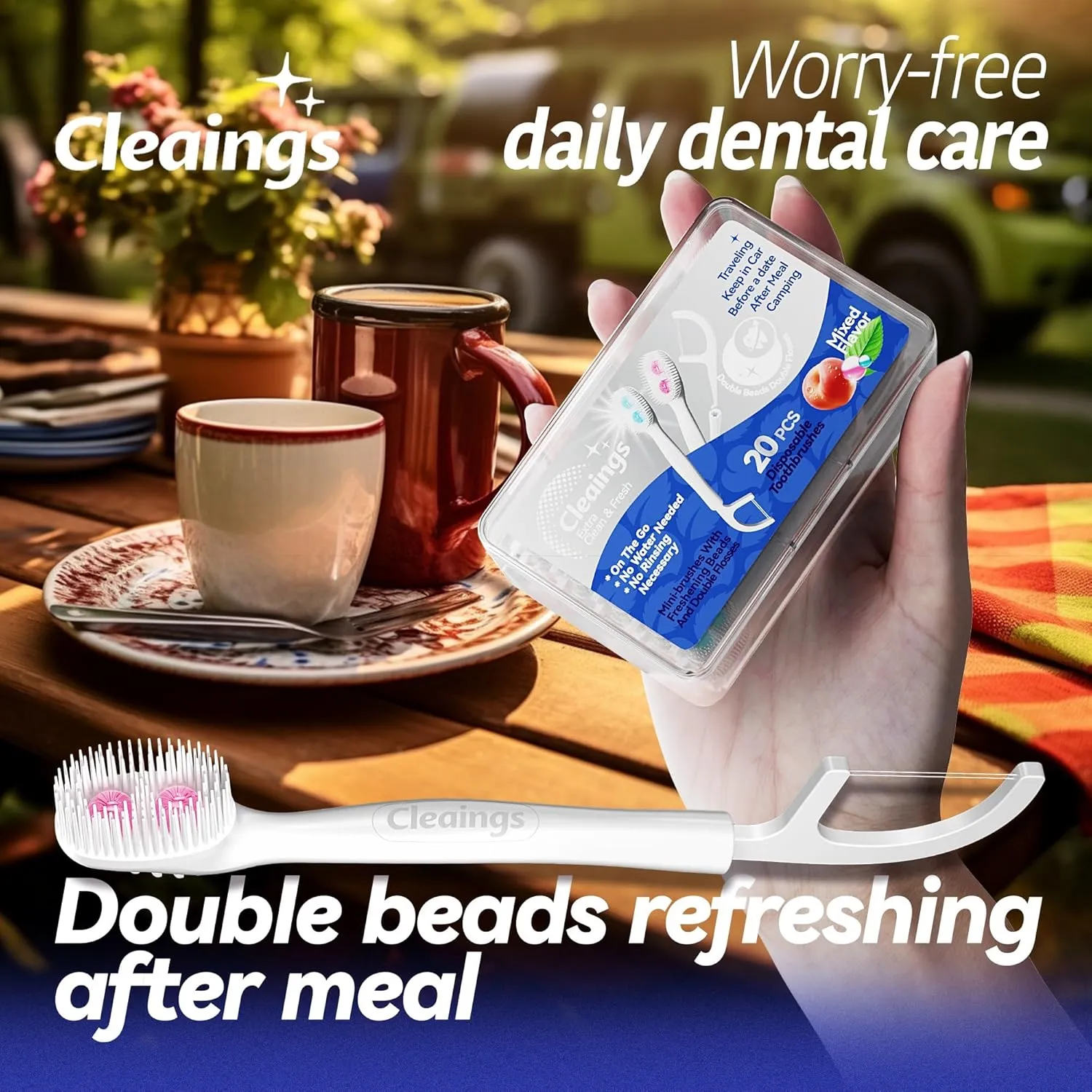 cleaings® Disposable Toothbrushes with Double Cleaning Beads Toothpaste and Clean Floss Picks for Work or Travel - 20 pcs-Mint Flavor（Pack of 5）