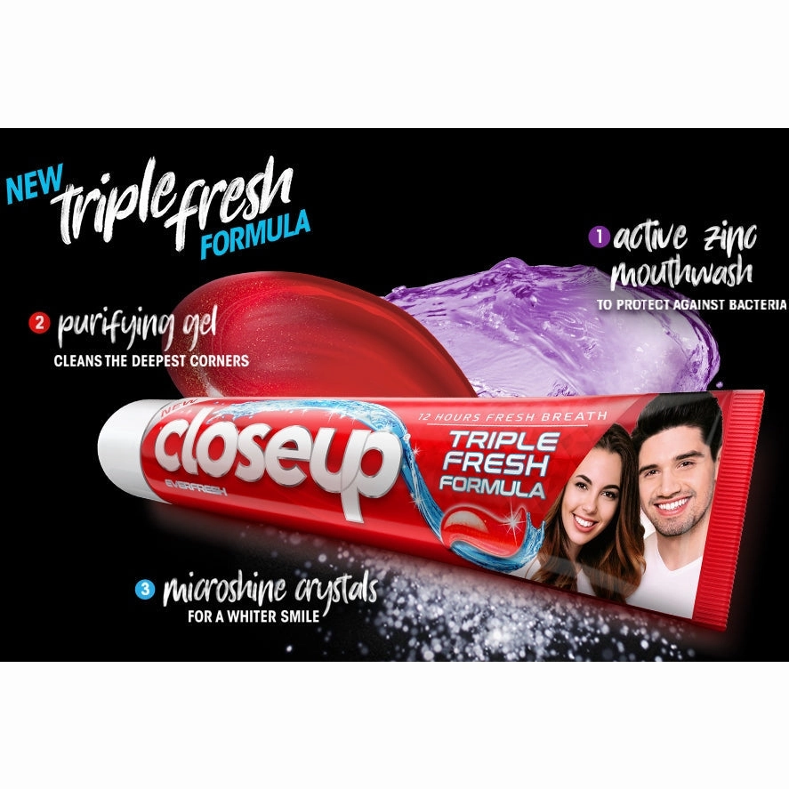 CLOSE UP Triple Fresh Gel Toothpaste, for 12 hours fresh breath, Menthol Fresh, with antibacterial mouthwash & microshine crystals, 75ml x 4