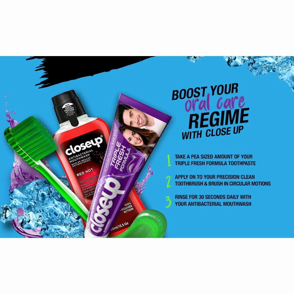 CLOSE UP Triple Fresh Gel Toothpaste, for 12 hours fresh breath, Menthol Fresh, with antibacterial mouthwash & microshine crystals, 75ml x 4