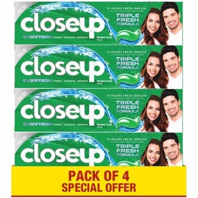 CLOSE UP Triple Fresh Gel Toothpaste, for 12 hours fresh breath, Menthol Fresh, with antibacterial mouthwash & microshine crystals, 75ml x 4