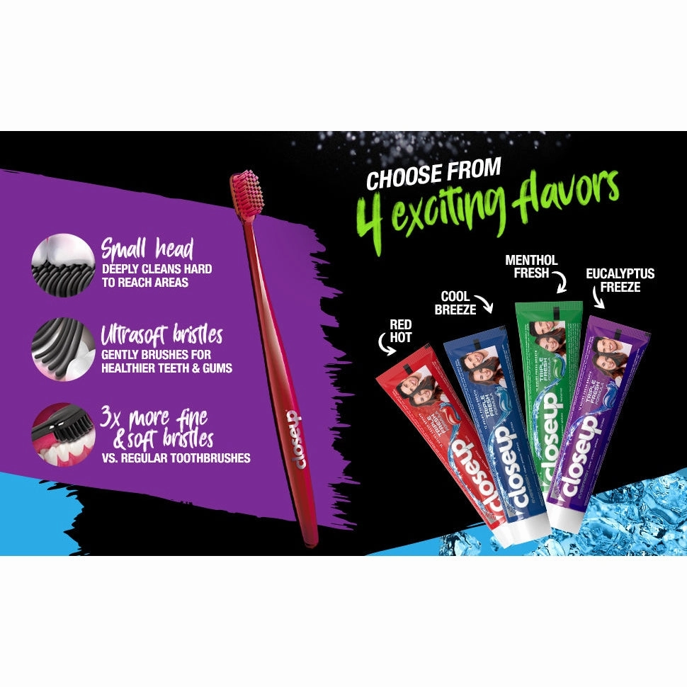 CLOSE UP Triple Fresh Gel Toothpaste, for 12 hours fresh breath, Menthol Fresh, with antibacterial mouthwash & microshine crystals, 75ml x 4