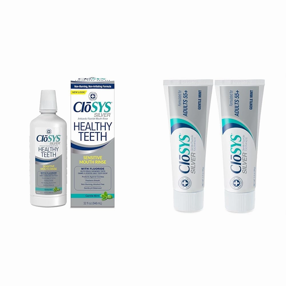 CloSYS Healthy Teeth Oral Rinse Mouthwash - 32 Fl Oz & Silver Fluoride Toothpaste for Adults 55 , 3.4 Ounce, Gentle Mint, Travel Size, TSA Compliant, pH Balanced, Enamel Protection, Sulfate Free