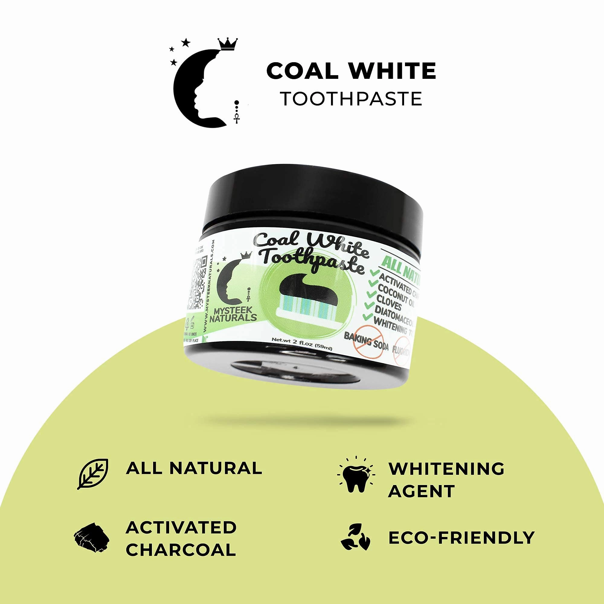 Coal White Toothpaste, Charcoal Teeth Whitening Toothpaste, Natural Activated Charcoal Toothpaste, Fluoride Free Toothpaste for Oral Care (2 oz) - Mysteek Naturals