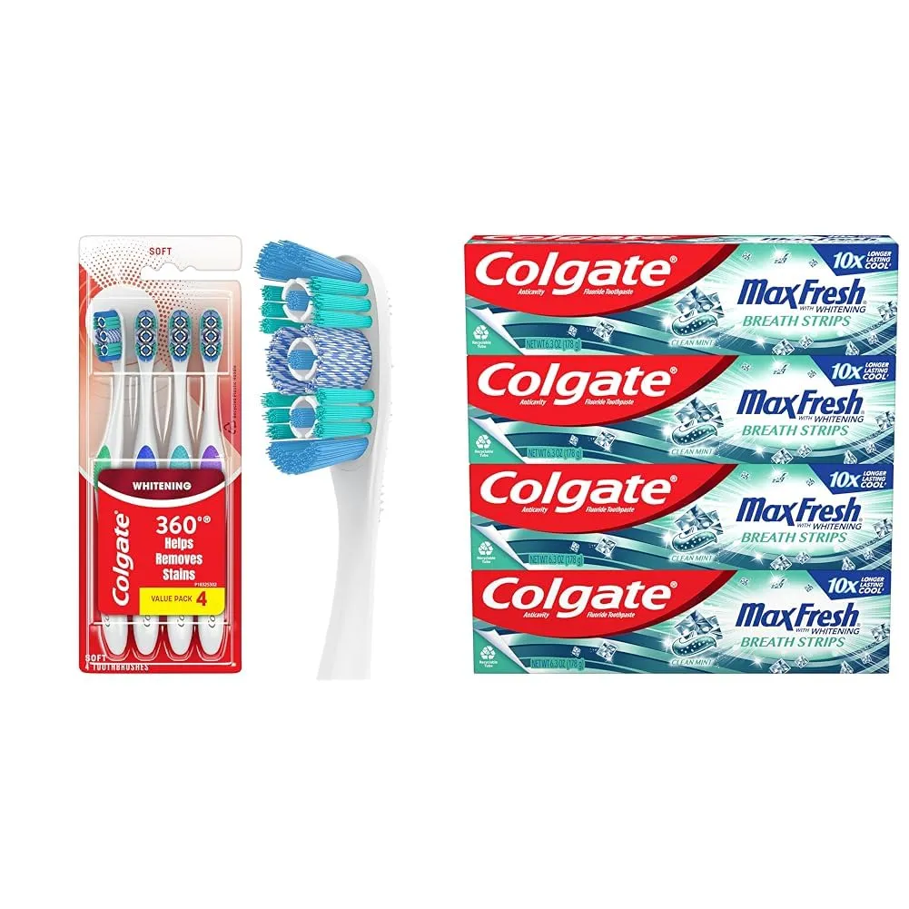 Colgate 360 Optic White Whitening Toothbrush, Adult Soft Toothbrush with Whitening Cups & Max Fresh Whitening Toothpaste with Mini Strips, Clean Mint Toothpaste for Bad Breath